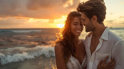 half-body pre-wedding photo, beach setting, couple embracing side by side, genuine smiles