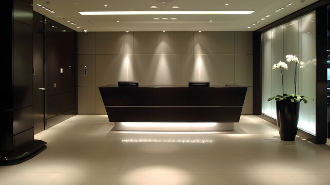 Immaculate office reception, sleek design, professional welcome