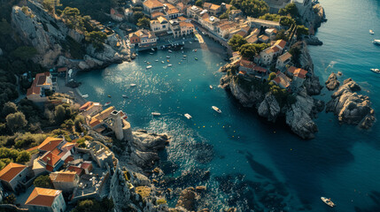 Aerial view of coastal village with turquoise sea