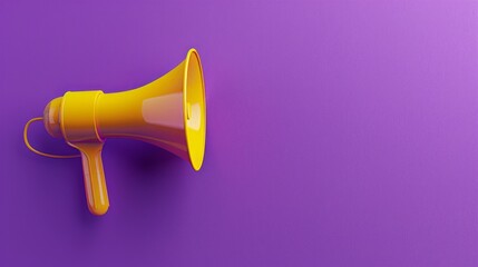  Yellow megaphone up close on a purple background, a minimalist notification concept.
