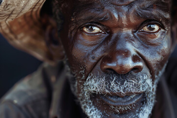 Deeply lined features, weathered by sun and time. His dark skin tells stories of survival, portrait, close up