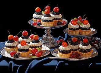 Assorted Fresh Fruit Tarts on a Tiered Serving Stand Against a Dark Background