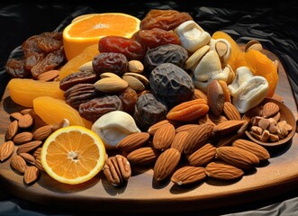 Group of oranges and dried fruits