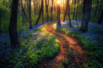 Sunrise over a bluebell forest path with golden light