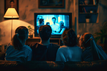 A group of people are watching television together in a living room. Scene is relaxed and social, as the group of people are gathered together to enjoy a shared experience - obrazy, fototapety, plakaty