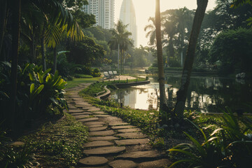 Sunlit stone path in tropical park with skyscrapers in background