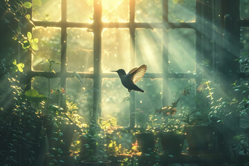 Bird flying in a sunbeam-lit greenhouse with lush foliage