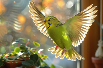 Budgerigar in mid-flight with sunlight streaming through a window