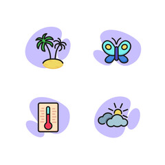Nature line icon set. Palm trees, butterfly, clouds and sun, thermometer. Vacation and weather concept. Can be used for topics like travel, tourism, summer