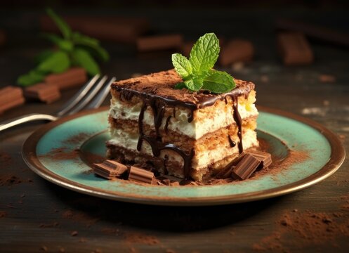 Tiramisu cake slice with chocolate and mint