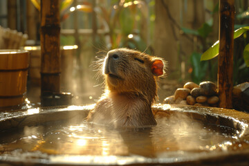 Capybara relaxing in a hot bath with serene expression