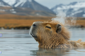 Capybara relaxing in hot springs with mountainous backdrop