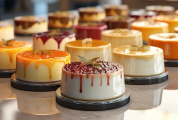 Assortment of Gourmet Cheesecakes on Display at Specialty Store - obrazy, fototapety, plakaty