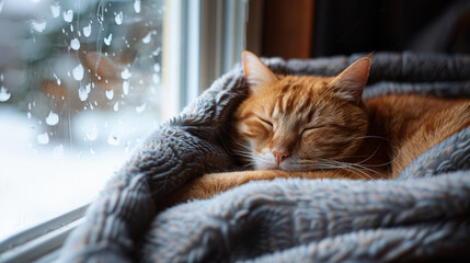 Orange tabby cat sleeping in cozy blanket by snowy window