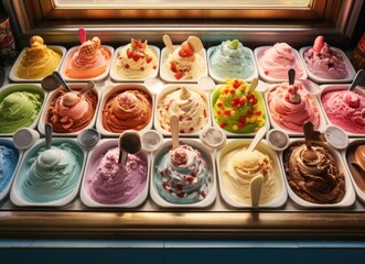 Colorful array of gelato flavors displayed at a bustling ice cream shop