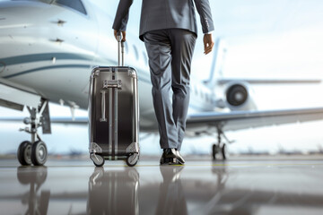 A businessman stands on the runway with his suitcase to board a corporate private jet for a business trip. Business, journey, travel, concept.