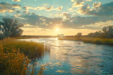 Sunset over tranquil river with wildflowers