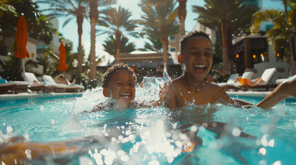 Kids laughing in sunny resort swimming pool