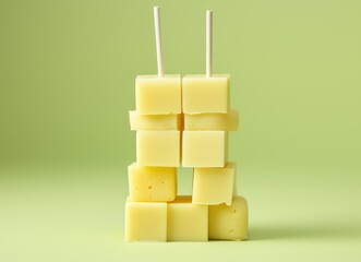 Creative presentation of four stacked cheese cubes with chopsticks against a yellow background