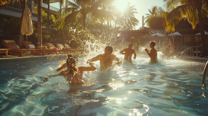 Children playing in pool at tropical resort sunset