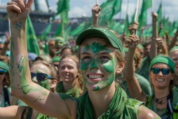 frontal large shot of a big crowd of supporters, men and women all dressed in green, paint on their faces, green flags in the air, cheering for a jogger at the antwerp 10 miles race