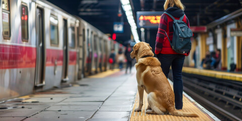The blind woman waits at the subway platform, her guide dog alert to the approaching train. As it arrives, the dog guides her to the designated boarding area, ensuring a smooth transition