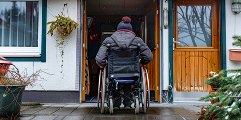 The wheelchair user encounters a narrow doorway at a friends house. Maneuvering carefully, they wish for wider entrances that allow seamless movement