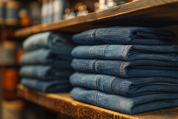 Rows of folded denim jeans on wooden shelf - obrazy, fototapety, plakaty
