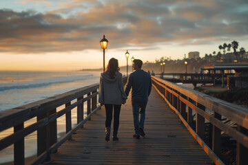 Rear view of couple walking on pier at dusk with coastal town backdrop