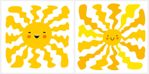 Smiling Sun. Kawaii Style Happy Sun with Wavy Rays. Set of 2 Cartoons of the Sun. Nursery Art with Cute Yellow Sun on a White Background.  Mix of Groovy and Kawaii Style Design.  - 767196812