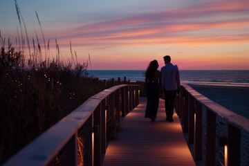 Silhouetted couple walking on boardwalk by the beach at twilight