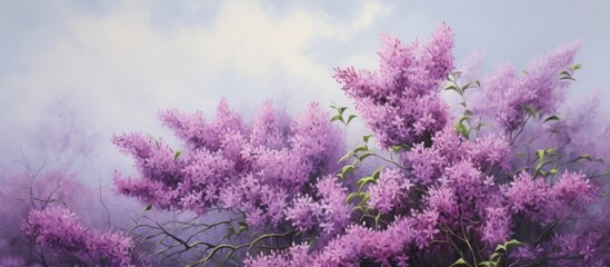 A stunning painting of a violet flowering tree standing against a cloudy sky, with purple petals...