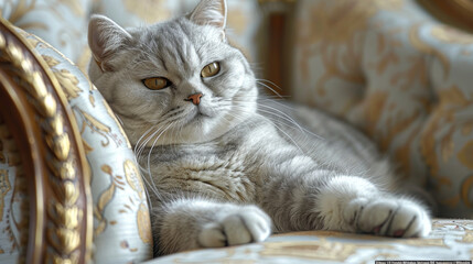 British Shorthair cat lounging on an elegant chair with ornate patterns