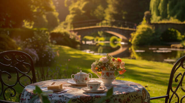 Vintage afternoon tea and cake overlooking river with bridge in background