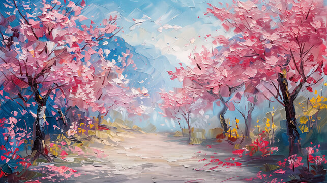 Enchanted Spring Pathway: A Serenade of Cherry Blossoms, AI Generative
