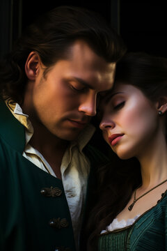 Historical couple in passionate embrace, wearing in vintage attire, with romance book cover pose
