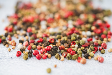 Closeup texture mix colourful pepper with coriander seeds