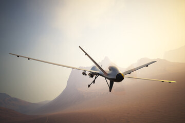 Advanced Unmanned Aerial Vehicle Soaring Over Desert Landscape at Sunrise
