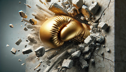 Gold Boxing Glove Breaking Through Obstacle Wall Conceptual,symbolizing overcoming obstacles. - 767197608
