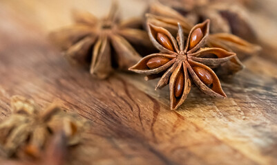 Anise stars with seeds closeup
