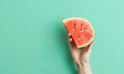 Hand holding watermelon on pastel green background. Diet and healthy eating concept. 