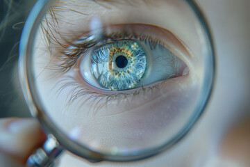 The perspective of magnifying glass, show one eye of a child large and vividly through the lenses - obrazy, fototapety, plakaty