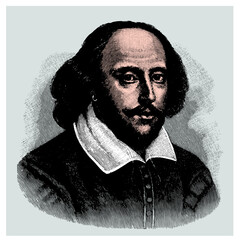 William  Shakespeare, colored vector illustration from old engraving from Meyers Lexicon published 1914 in Leipzig - 767197879