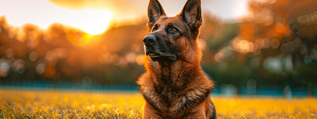 German Shepherd dog lies on the grass in a park on a sunny day.