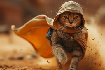 Fotobehang A cat in a raincoat runs through the desert during a sandstorm. © Anastasia