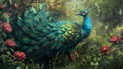 Obraz premium plumage in paradise: a peacock's tale in an enchanted garden