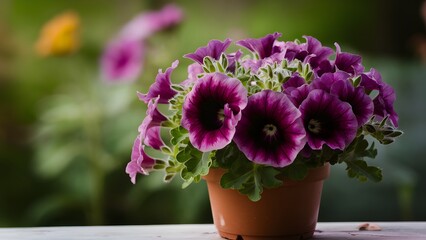 Pretty petunia flowers in pot against blurred nature background