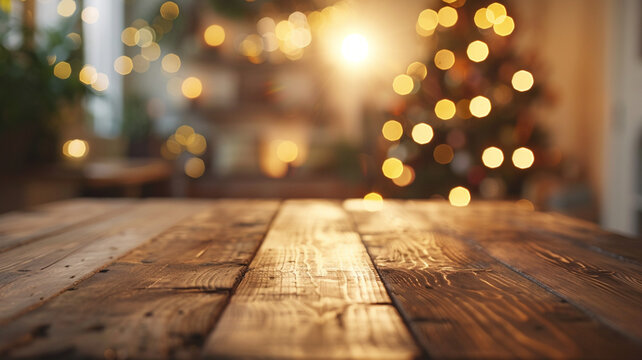 A wooden table with a Christmas tree in the background. The table is empty and the tree is lit up with lights