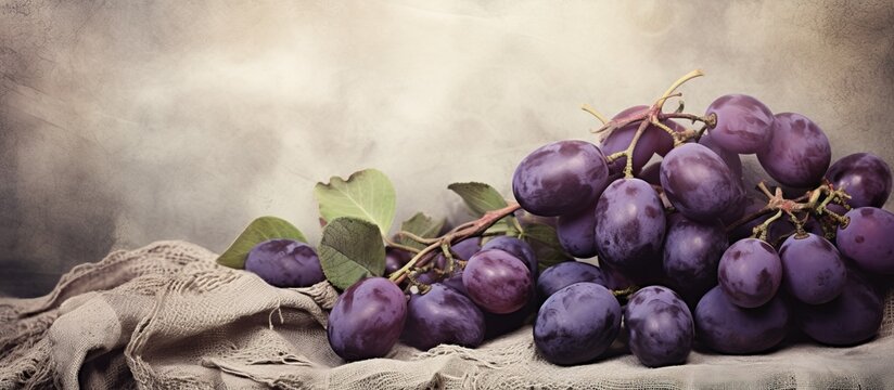 A bunch of purple grapes, a type of fruit from a flowering plant, sit on top of a table. Grapes are natural foods and a popular ingredient used in various dishes