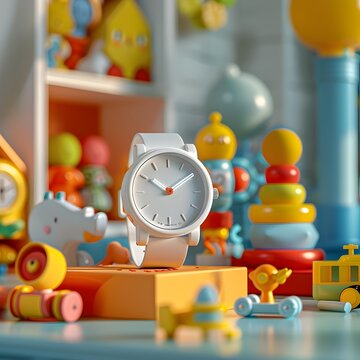 Colorful Vintage Toy and Clock Display on Wooden Shelves